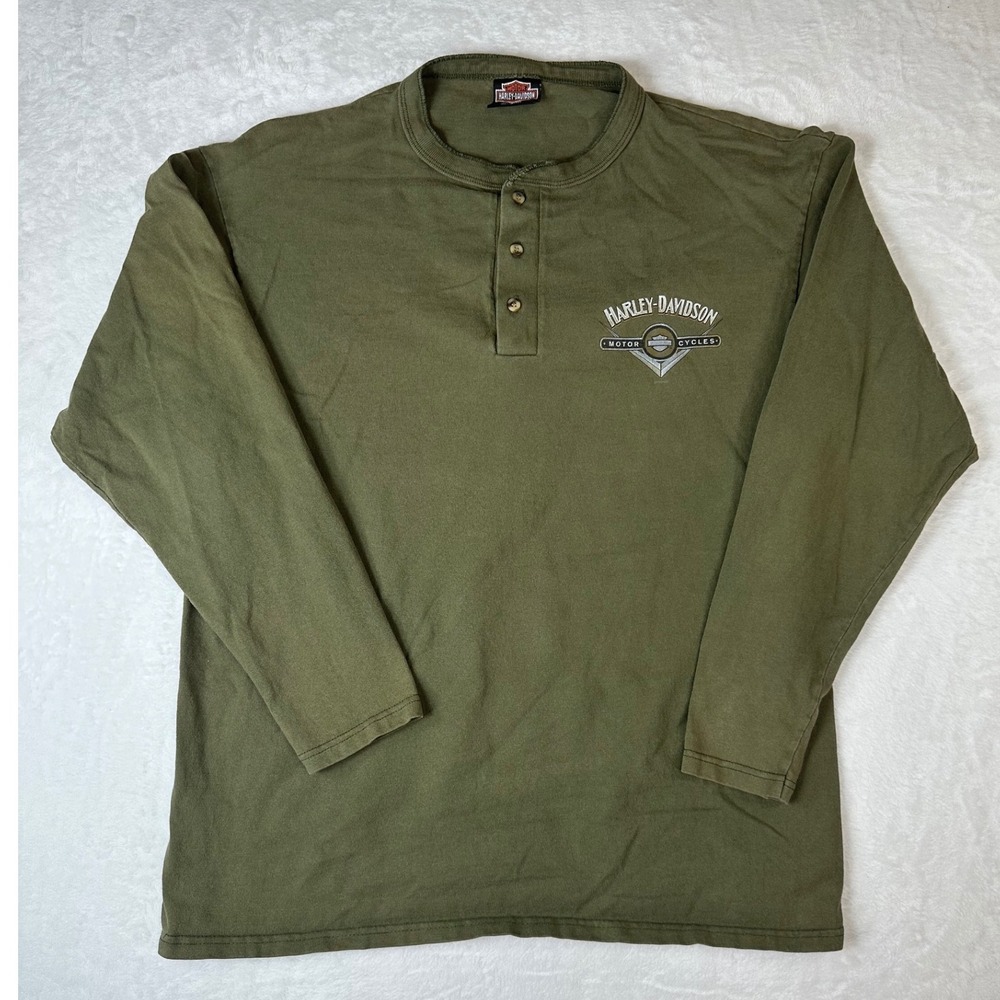 Harley-Davidson Henley Shirt Mens Large Green Long Sleeve Roeder Ohio USA Made